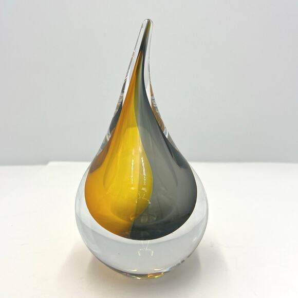 Italian Murano Style Teardrop Glass Paperweight HandBlown Blue Amber-Signed - Picture 1 of 7
